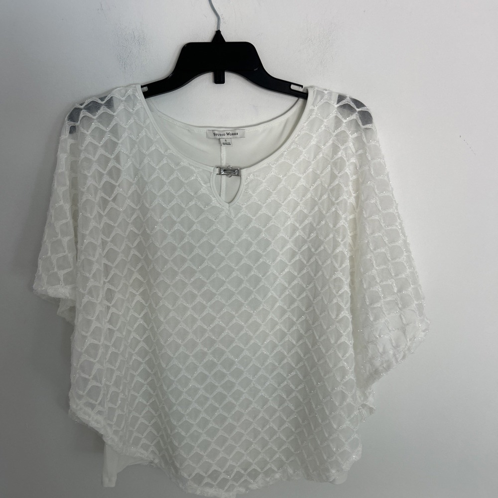Studio Works Sz S White Sparkle Embroider Overlay Lined Flowy Short Sleeve Blous